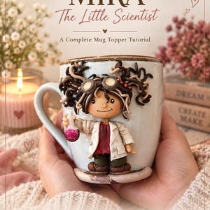 May include: A polymer clay tutorial titled MiRA The Little Scientist A Complete Mug Topper Tutorial. The image shows a white ceramic mug featuring a sculpted polymer clay figure of a scientist with goggles holding a pink flask, with text.