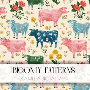 May include: Seamless digital paper with a repeating pattern of colorful cows and flowers. The cows are pink, blue, green, and dark blue, adorned with floral patterns. Yellow and red flowers are scattered across a cream background. The text "Bloomy Patterns" is at the bottom.