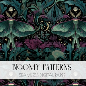 May include: Seamless digital paper featuring a repeating pattern of large green moths with intricate wing details, set against a dark background with purple and teal floral elements. The design includes a moon and stars. The text "BLOOMY PATTERNS" and "SEAMLESS DIGITAL PAPER" is displayed.