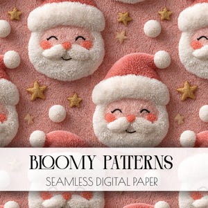 May include: A seamless digital paper pattern featuring smiling Santa Claus faces with red hats and white beards, along with gold stars and white pom-poms, set against a pink background. The text "BLOOMY PATTERNS" is displayed at the bottom.