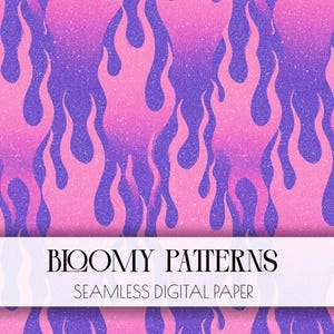 Puede incluir: Un patrón de papel digital sin costuras que presenta llamas rosas estilizadas sobre un fondo morado texturizado. Una banda horizontal blanca en el centro muestra el texto negro BLOOMY PATTERNS y el texto más pequeño SEAMLESS DIGITAL PAPER.