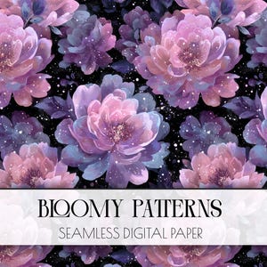 May include: A seamless digital paper design featuring watercolor-style flowers in shades of pink, purple, and blue against a black background. The flowers have a soft, dreamy quality with white speckles. The text "Bloomy Patterns" is displayed.