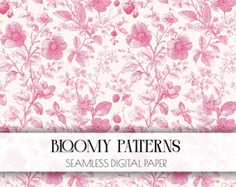 Toile Seamless Pattern, Pink And White Chinoiserie Background, Digital Paper, Vintage Floral Seamless Pattern, Instant Download