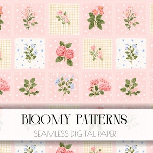May include: A seamless digital paper design with a repeating pattern of floral arrangements in pink, white, and green. The design includes squares with roses, blue flowers, and gingham patterns. The text "Bloomy Patterns" is displayed.