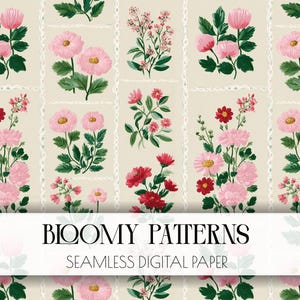 Patchwork Floral Pattern, Cottagecore Gingham Quilt Design, Pastel Blue Pink Flowers, Vintage Botanical Squares