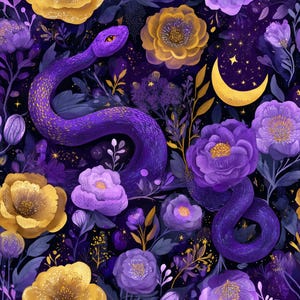 May include: A digital illustration featuring a purple snake winding through a floral arrangement. The flowers are a mix of purple and gold, with a crescent moon and stars in the background. The overall theme is mystical and enchanting.