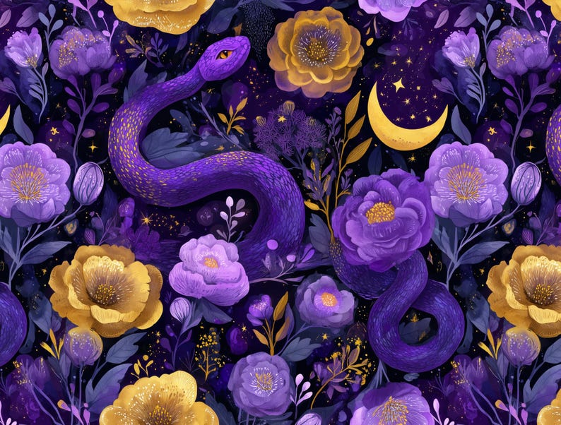 May include: A digital illustration featuring a purple snake winding through a floral arrangement. The flowers are a mix of purple and gold, with a crescent moon and stars in the background. The overall theme is mystical and enchanting.