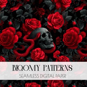 Könnte beinhalten: Nahtloses digitales Papier mit einem dunklen Blumenmuster. Rote Rosen und dunkelgraue Blätter vor schwarzem Hintergrund. Ein grauer Schädel und eine rote Schlange sind ebenfalls abgebildet. Der Text "BLOOMY PATTERNS" und "SEAMLESS DIGITAL PAPER" wird angezeigt.
