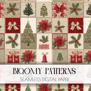 May include: A seamless digital paper pattern featuring Christmas-themed squares. Each square showcases festive elements like poinsettias, Christmas trees, bows, holly, and gift boxes in red, green, and cream colors. The text "BLOOMY PATTERNS" and "SEAMLESS DIGITAL PAPER" is displayed.