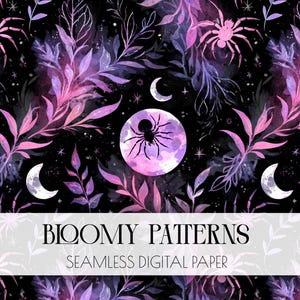 May include: Seamless digital paper with a dark background featuring a repeating pattern of spiders, moons, and floral elements in shades of pink, purple, and white. The text "Bloomy Patterns" is displayed.