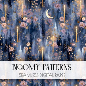 Puede incluir: Papel digital con un fondo azul oscuro que presenta un patrón de velas doradas, flores rosas y lunas crecientes. El texto "Bloomy Patterns" y "Seamless Digital Paper" se muestra en la parte inferior.