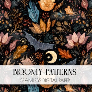 May include: Seamless digital paper with a dark background featuring a floral and bat pattern. The design includes orange, blue, and pink flowers, leaves, and a crescent moon. The text "Bloomy Patterns" and "Seamless Digital Paper" is displayed.