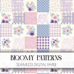 以下が含まれることがあります： 花束、青地に白の水玉模様、紫のギンガムチェック、淡いピンクのペイズリー柄の正方形が並ぶシームレスなデジタルペーパーパターン。下部中央に「BLOOMY PATTERNS SEAMLESS DIGITAL PAPER」というテキストが配置されています。