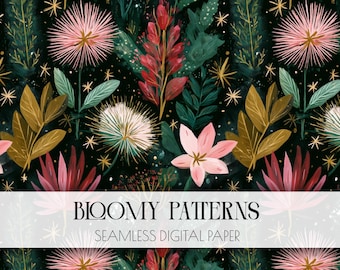 May include: Seamless digital paper with a dark background and a floral pattern. The design features pink, red, and gold flowers and leaves, with small gold star accents. The text "Bloomy Patterns" and "Seamless Digital Paper" is displayed.