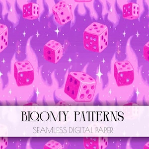 Könnte beinhalten: Ein nahtloses digitales Papiermuster mit rosa Würfeln, die über einen leuchtend violetten Hintergrund mit stilisierten hellvioletten Flammen und kleinen weißen vierzackigen Sternen verstreut sind. Der Text BLOOMY PATTERNS SEAMLESS DIGITAL PAPER ist zentriert.
