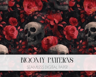 Night Garden, Seamless Pattern, Dark Skull And Red Roses Mystic Gothic Seamless, Dark Cottagecore Digital Paper,  witchcraft digital,