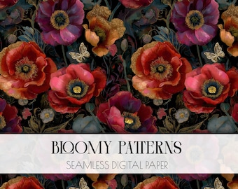 Grandmillennial Peony Digital Paper, Vintage Floral Seamless Patterns with Painterly Blush Peonies, Gothic Poppy
