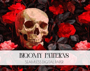 Night Garden, Seamless Pattern, Dark Skull And Red Roses Mystic Gothic Seamless, Dark Cottagecore Digital Paper,  witchcraft digital,