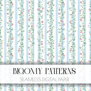 May include: Digital paper with a repeating pattern of vertical blue and white stripes. Delicate vines with pink roses and blue flowers climb the stripes. The text "Bloomy Patterns" and "Seamless Digital Paper" is displayed.
