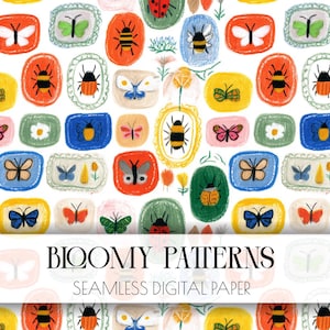 May include: Seamless digital paper with a repeating pattern of colorful insects and butterflies in oval and rectangular frames. The design features bees, ladybugs, and butterflies in various colors, set against a white background. The text "BLOOMY PATTERNS" and "SEAMLESS DIGITAL PAPER" is displayed.