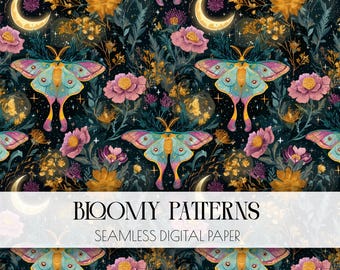 May include: Seamless digital paper with a dark background featuring colorful moths, flowers, and celestial elements. The design includes crescent moons, stars, and the text "Bloomy Patterns". The color palette includes teal, pink, gold, and purple.