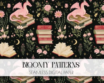 Dragon Reader Seamless Pattern, Fantasy Books Cute, Dragons Magical Cozy Aesthetic