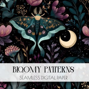 Night Garden Seamless Pattern, Dark Cottagecore Digital Paper, Celestial Pattern, witchcraft digital, mystical moth, Scrapbooking, POD