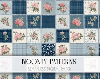 Shabby Chic rose Patchwork pattern file, vintage Patchwork ,Dainty Farmhouse Cottagecore Seamless Pattern,  Digital Paper, Scrapbooking,