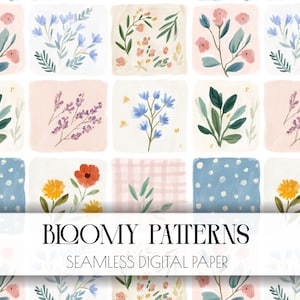 May include: A digital paper design with a grid of watercolour floral patterns. Each square displays different flowers and foliage in shades of pink, blue, yellow, and green. The text "BLOOMY PATTERNS" and "SEAMLESS DIGITAL PAPER" is shown.