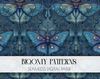 May include: A seamless digital paper design with a repeating pattern of blue moths with yellow and purple details. The background is a dark blue with floral motifs. The text "Bloomy Patterns" and "Seamless Digital Paper" is displayed in white.