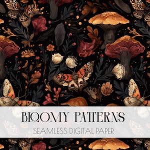 May include: Seamless digital paper with a dark background featuring mushrooms, butterflies, and floral elements in shades of orange, red, and cream. The text "Bloomy Patterns" and "Seamless Digital Paper" is displayed.