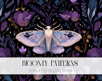 May include: Digital seamless paper with a dark background featuring a large moth with light blue and purple wings, surrounded by purple flowers and foliage. The text "Bloomy Patterns" and "Seamless Digital Paper" is displayed.
