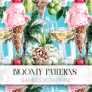 May include: Seamless digital paper with a turquoise background featuring illustrations of ice cream cones, champagne glasses, strawberries, and tropical foliage. The text "Bloomy Patterns" is displayed.