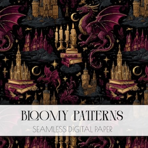 Puede incluir: Papel digital sin costuras con temática de fantasía oscura. El diseño presenta dragones, castillos, libros, velas, lunas y estrellas en tonos burdeos, dorado y negro. Se muestra el texto "BLOOMY PATTERNS" y "SEAMLESS DIGITAL PAPER".