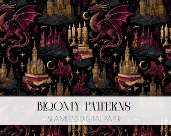 Dragon Reader Seamless Pattern, Fantasy Books Cute, Dragons Magical Cozy Aesthetic