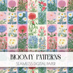 Peut inclure: Un motif de papier numérique sans couture présentant une grille de panneaux rectangulaires remplis de diverses fleurs peintes à la main dans des tons de rouge, rose, bleu et blanc. Le texte BLOOMY PATTERNS SEAMLESS DIGITAL PAPER est centré en blanc.