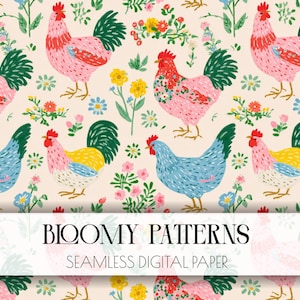 Könnte beinhalten: Ein nahtloses digitales Papier Muster mit bunten Hähnen und floralen Elementen. Die Hähne sind in Rosa-, Blau- und Gelbtönen gehalten, mit grünen Schwanzfedern und roten Kämmen. Der Hintergrund ist hellbeige, mit Blumen und Blättern.