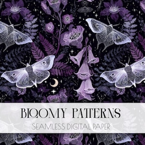 May include: A seamless digital paper pattern featuring white moths, purple bell-shaped flowers, ferns, and crescent moons on a black background. The text BLOOMY PATTERNS SEAMLESS DIGITAL PAPER is printed in black on a white horizontal banner.