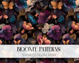 May include: Seamless digital paper with a dark floral pattern. The design features watercolor-style flowers in shades of purple, pink, and cream, along with butterflies in shades of orange and blue. The text "Bloomy Patterns" and "Seamless Digital Paper" is displayed.