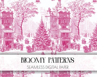 Christmas Toile de Jouy seamless background, Toile patterns, Vintage Santa Claus Digital Paper, Vintage Christmas.
