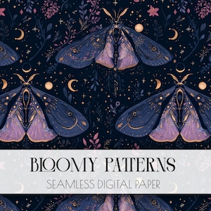 May include: Seamless digital paper with a dark blue background featuring repeating illustrations of moths with purple and gold wings, crescent moons, stars, and floral elements. The text "Bloomy Patterns" and "Seamless Digital Paper" is displayed in white.