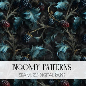 May include: Seamless digital paper with a dark background featuring a botanical design. The pattern includes teal leaves, dark branches, and clusters of blackberries in shades of red and blue. The text "Bloomy Patterns" is displayed.