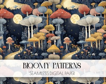 May include: A detailed illustration of a night scene featuring a variety of colourful mushrooms. The mushrooms have red, yellow, blue, and pink caps. The background is a dark blue with a path and two moons. The text "BLOOMY PATTERNS SEAMLESS DIGITAL PAPER" is at the bottom.