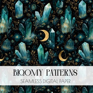 May include: A seamless digital paper pattern featuring teal and blue crystals interspersed with gold crescent moons and delicate golden vine illustrations on a black background. The text BLOOMY PATTERNS SEAMLESS DIGITAL PAPER is centered.
