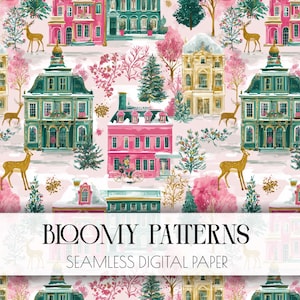 May include: A seamless digital paper design featuring colorful buildings, deer, and winter foliage. The buildings are in shades of pink, teal, and yellow, with snow-covered roofs. The text "Bloomy Patterns" and "Seamless Digital Paper" is displayed at the bottom.