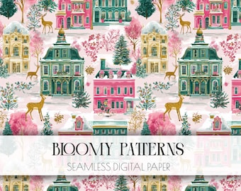 May include: A seamless digital paper design featuring colorful buildings, deer, and winter foliage. The buildings are in shades of pink, teal, and yellow, with snow-covered roofs. The text "Bloomy Patterns" and "Seamless Digital Paper" is displayed at the bottom.