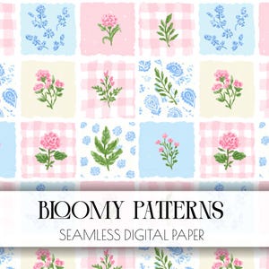 Puede incluir: Un diseño de papel digital sin costuras con un patrón repetitivo de elementos florales y paisley. El diseño incorpora cuadrados con fondos de cuadros rosas, azul claro y crema. El texto "Bloomy Patterns" y "Seamless Digital Paper" se muestra en la parte inferior.