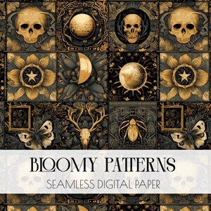 May include: Seamless digital paper with a repeating pattern of skulls, moons, flowers, and insects in gold and black. The design includes the text "Bloomy Patterns" and "Seamless Digital Paper".