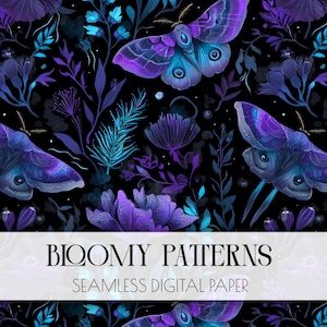 Night Garden Seamless Pattern, Dark Cottagecore Digital Paper, Celestial Pattern, witchcraft digital, mystical moth, Scrapbooking, POD