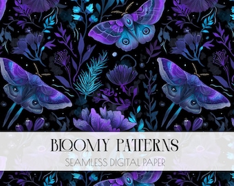 Night Garden Seamless Pattern, Dark Cottagecore Digital Paper, Celestial Pattern, witchcraft digital, mystical moth, Scrapbooking, POD